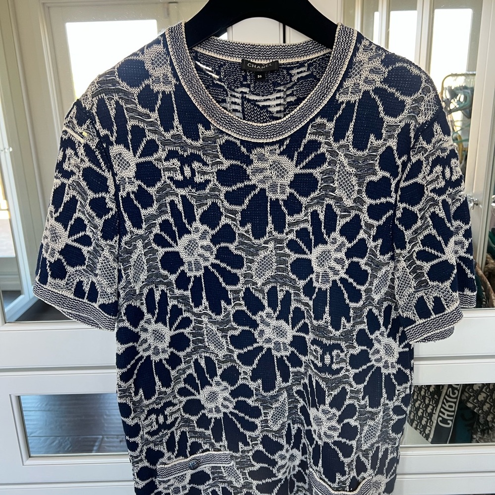 CHANEL Navy and White Knit Top